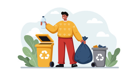 Person recycling plastic bottle and carrying trash bag near recycling bins.