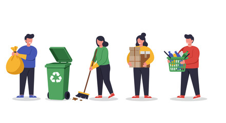 People cleaning and recycling waste, promoting environmental awareness.