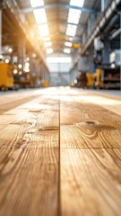 Sunlight streaming into a modern industrial warehouse with a detailed wooden floor.