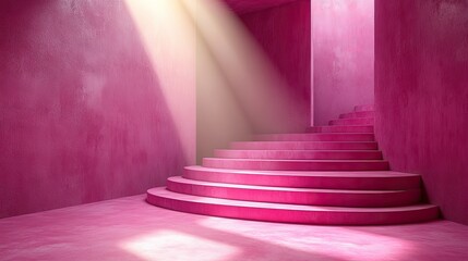 Sunbeams illuminate a spiral staircase in a vibrant pink room.