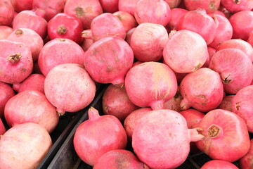 A vibrant pile of pinkish-red pomegranates fills black crates, each fruit varying slightly in hue and size.
