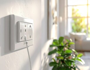 Modern electrical power socket with cable plugged in a bright domestic interior.
