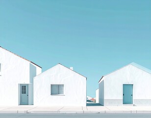 Minimalist white houses lined up under a clear blue sky modern architectural design clean aesthetic.