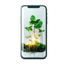 Lush green plants flourish inside a smartphone screen, symbolizing digital growth and eco-tech innovation