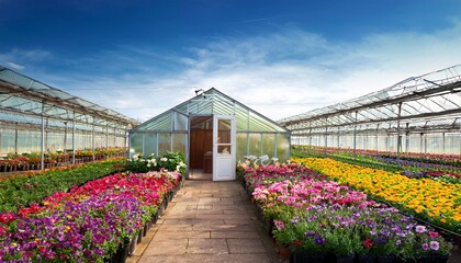 greenhouse full of plants and flowers with open door