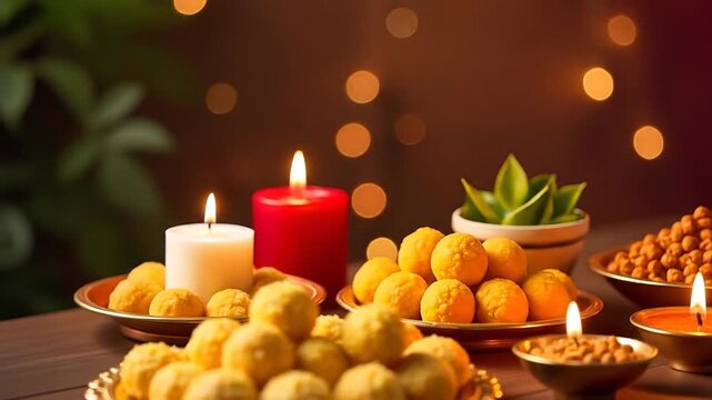 Diwali Laddu and Diya Vector: Indian Festive Sweets, Mithai, and Oil Lamps on a Dark Background | Deepavali Vector Illustration