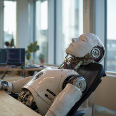 a white humanoid robot resting with its eyes closed, leaning its head back on the chair after working at a desk in a private office