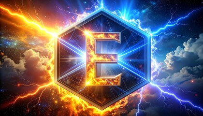 A letter encased within a geometric shape, radiating energy. Vivid lightning effects and dynamic clouds fill the dramatic composition