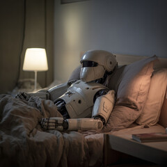 A humanoid robot lying on a bed in a room softly lit by a bedside lamp, preparing to sleep
