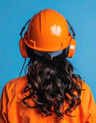 Back view of construction worker wearing orange hard hat and ear defenders.