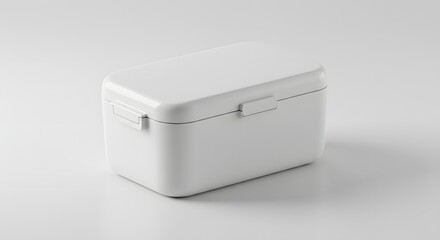 A simple white rectangular container with a lid and two clasps on the sides, isolated on a white background.