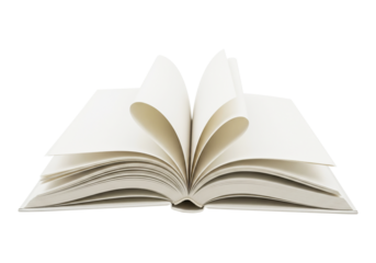 Open softcover blank book with curved pages, isolated on white background