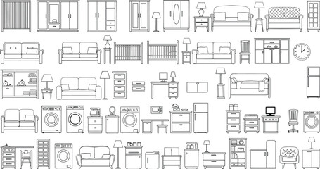 Household furniture and appliance set, top-down vector clipart, home essentials illustration, interior design icons, residential decor pack