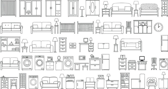 Household furniture and appliance set, top-down vector clipart, home essentials illustration, interior design icons, residential decor pack