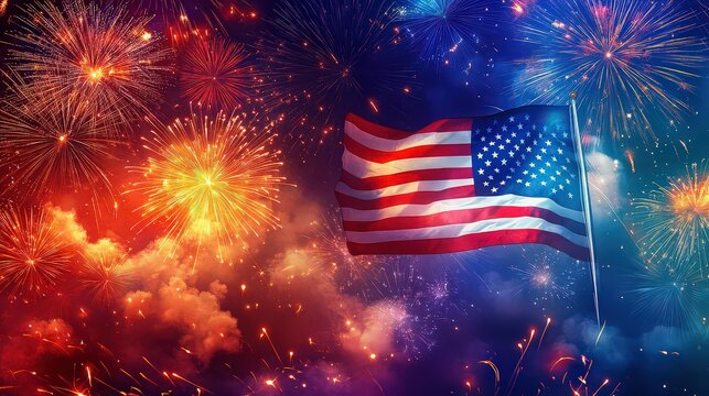 American flag waving with fireworks in background celebrating independence day in the united states