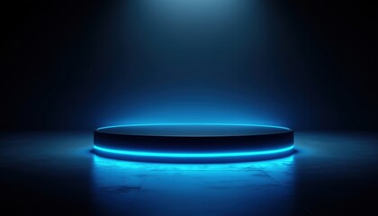 Futuristic Technology Platform With Blue Neon Round Lighting: A Sci-Fi Dream Come True. A Cutting-Edge Platform With Glowing Blue Lights.