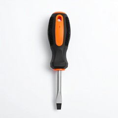 Flathead screwdriver with black and orange ergonomic handle isolated on white background.