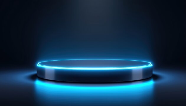 Futuristic Technology Platform Featuring Blue Glowing Neon Round Lights: Embracing The Science Fiction Aesthetic Of Tomorrow.