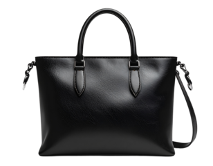 Casual Black Leather Women’s Handbag Front View, with Soft Shadow, isolated on transparent background