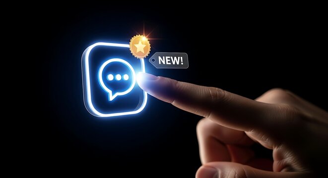 Finger pressing notification icon with message bubble and new tag