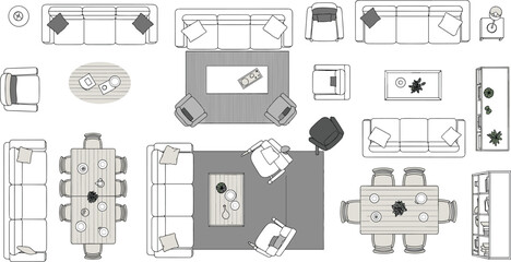 Residential furniture layout set, top-down room arrangements, living and dining vector clipart, interior design planning illustration pack