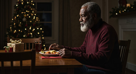 Elderly black man dining alone at table during Christmas evening  