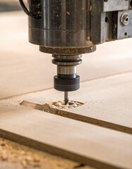 CNC machine router bit precisely cutting a groove into a wooden panel during manufacturing.