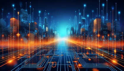 digital networked city bright blue and orange infrastructure