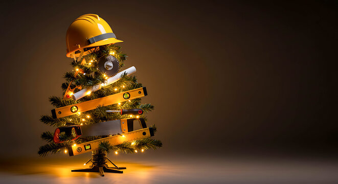 Construction-themed Christmas tree with yellow hard hat and tools  