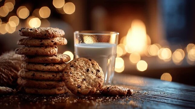 Cinematic macro of cookies and milk left for Santa by the fireplace, glowing in soft golden light with cozy bokeh in the background, capturing warm holiday tradition.
