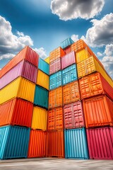 A large number of colorful cargo containers stacked in rows against the blue sky, representing global trade and business logistics.