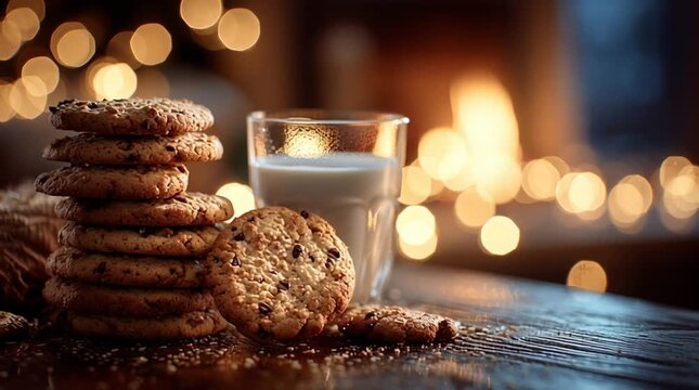 Cinematic macro of cookies and milk left for Santa by the fireplace, glowing in soft golden light with cozy bokeh in the background, capturing warm holiday tradition.
