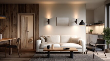 a living room with a white sofa, wooden table, and floor lamp, featuring a neutral color palette, wood grain, and black accents. the modern furniture and minimalist style create a cozy atmosphere