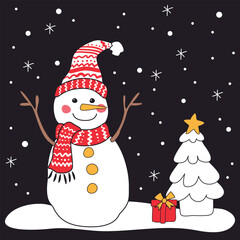 A cheerful snowman wearing a red patterned hat and scarf stands beside a snowy Christmas tree with a golden star and a gift box for greeting cards, posters, or festive designs.