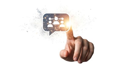 Human hand touching social network connection icon inside a chat bubble