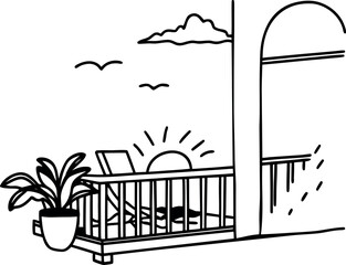 A Serene Balcony Scene with a Cozy Lounge Chair, Pot Plant, and a Glimpse of the Sea under a Sunny Sky Evoking Tranquility and Relaxation