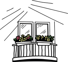 Charming Balcony Scene with Flowers and Sunlight Captivating Window View Adorned with Blooming Flowers Balcony Garden with Yellow and Pink Blooms Balcony Bliss in Natural Light