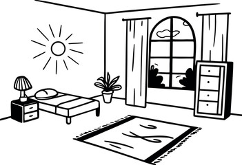 Black and White Bedroom Illustration with Sun and Plants Bringing Light to a Simple Yet Comfortable Living Space Creating an Inviting Atmosphere