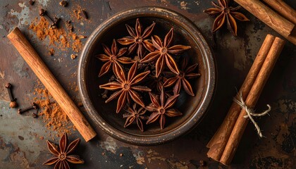 Overhead view of star anise and cinnamon sticks arranged on a rustic textured surface with scattered cloves and cinnamon powder