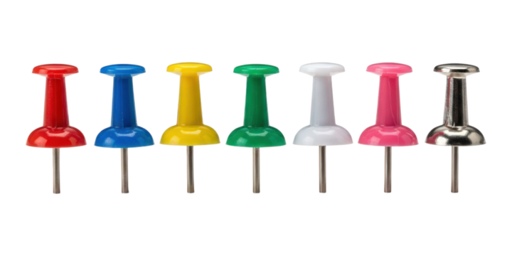 A collection of colorful push pins isolated on transparent background, perfect for organizing and marking tasks