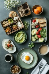 Healthy brunch food, with one poached egg, avocado, fruit, vegetables, hummus, guacamole, sourdough bread, herbs, porridge, coffee, tea.