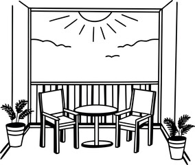 Serene Balcony Scene A Black and White Illustration of Outdoor Tranquility Featuring Chairs a Table Plants and a Calm Sky Perfect for Relaxation and Enjoying the View