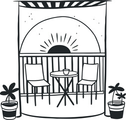 Illustration of an Outdoor Balcony with Table and Chairs: Serene Sunrise View with Potted Plants and Cozy Relaxation Spot for Leisurely Mornings and Evenings