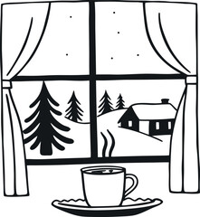 Cozy Winter Scene A Cup of Warmth by the Window a Serene View of Snow Covered Trees and a Small House Peaceful and Relaxing Moment