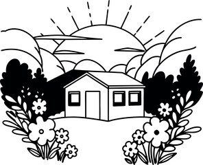 Charming Black and White Landscape Illustration Peaceful Home, Rolling Hills, and Sunshine A Simple Countryside Scene with a Cozy Abode, Nature, and Wholesome Living