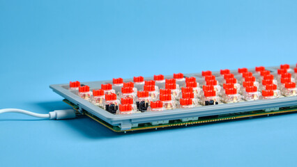 Close Up Mechanical Keyboard With Red Switches And USB Cable On Blue Background