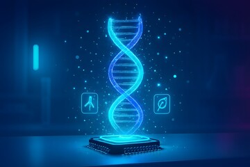 Micro biochip analyzing DNA sample on a lab table, glowing nanotech particles, precision medicine concept, futuristic laboratory background
