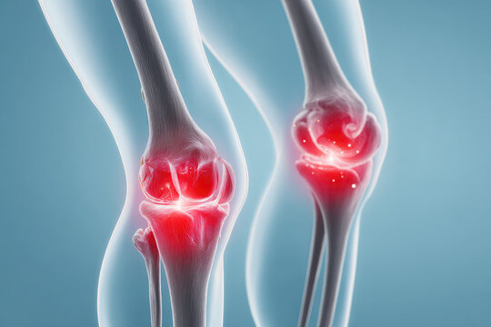 Joint pain, arthritis and tendon and cartilage problems. Human knees with inflammation and pain, modern digital technology. Doctor analyzes knee pain isolated on light blue background