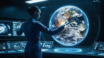 Meteorologist analyzing a 3D holographic weather system on a large screen. - Powered by Adobe