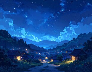 Small Village Night Sky with Warm Lights Banner